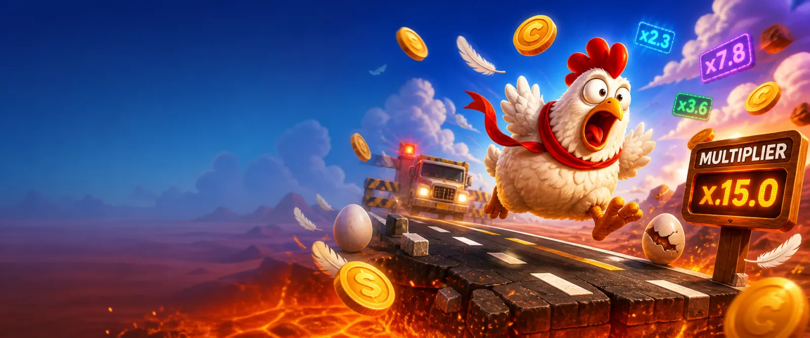 Bright promo image of the Chicken Road slot with road lanes, feathers, coins, and arcade-style energy
