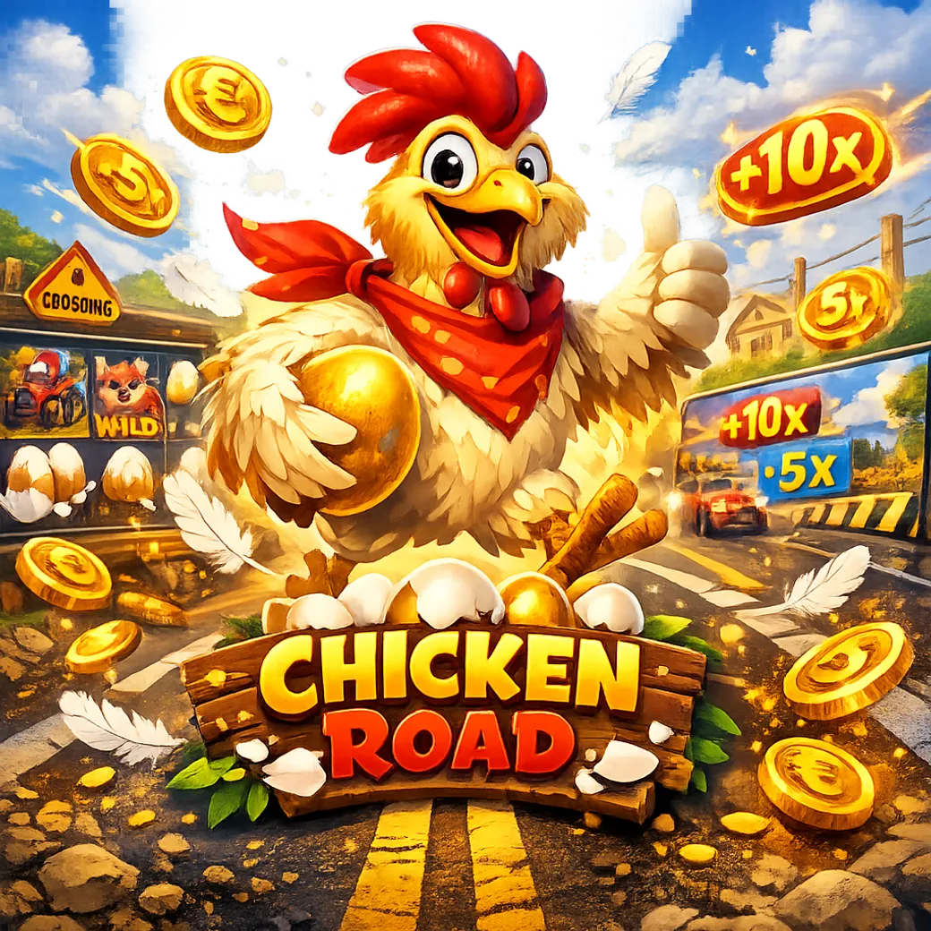 Bright promotional image for Chicken Road slot featuring a funny chicken, road lanes, coins, and playful elements.